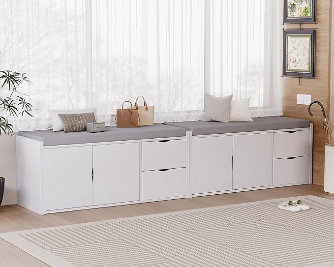 LVB Storage Entryway Bench, Long Shoe Bench with Drawers Storage Shelf, Modern Entry Way Bench with Padded Cushioned Seating, Wood Shoe Rack Benchs for Foyer Entrance Living Bedroom, White Oak, 40in - Image 8