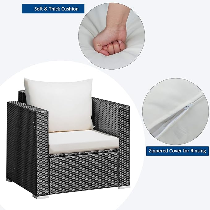 Tangkula 3 Pieces Patio Furniture Set, PE Rattan Wicker Sofa Set w/Washable Cushion and Tempered Glass Tabletop, Outdoor Conversation Furniture for Garden Poolside