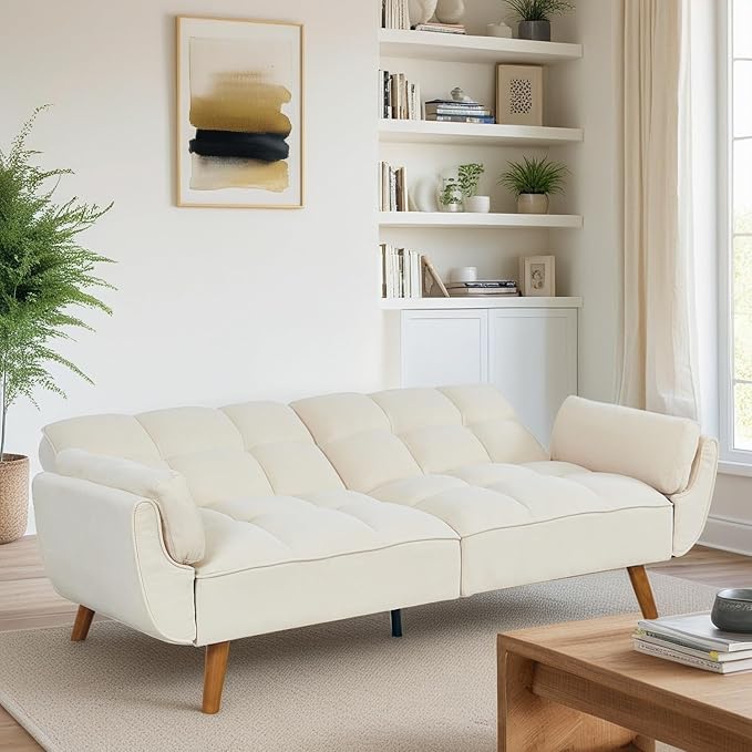 Convertible Futon Sofa Bed, Modern Futon Couch with 2 Pillows, Small Futons Couch with Adjustable Armrest & Backrest, Loveseat Sofa Bed for Living Room, Bedroom, Beige