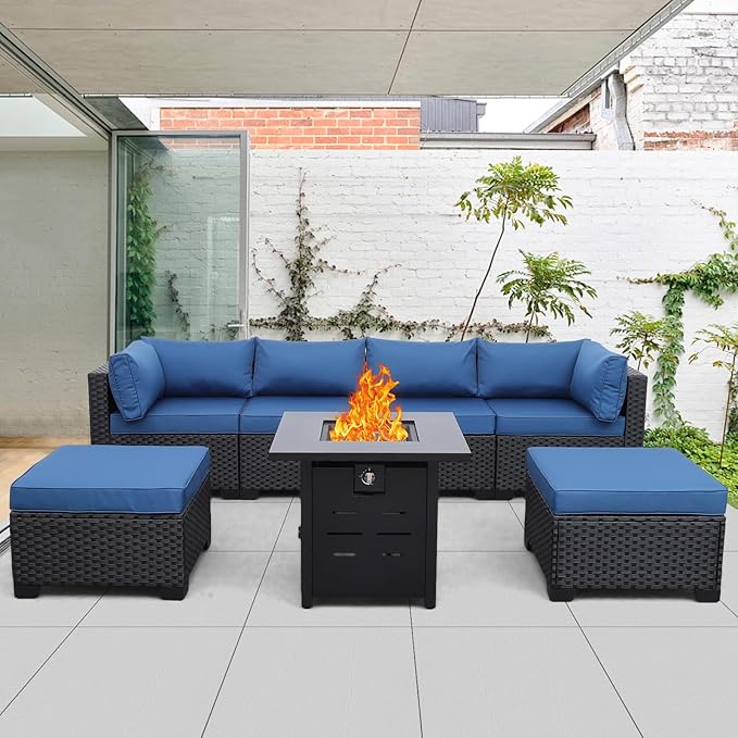 7 Pieces Outdoor PE Wicker Furniture Set Patio Rattan Sectional Conversation Sofa Set with Navy Blue Cushions and Fire Pit Table