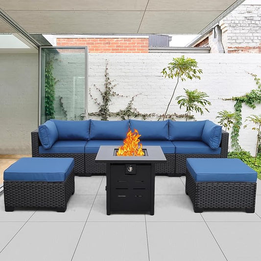 7 Pieces Outdoor PE Wicker Furniture Set Patio Rattan Sectional Conversation Sofa Set with Navy Blue Cushions and Fire Pit Table