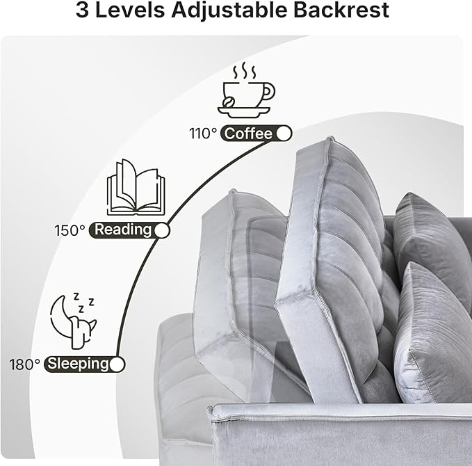 Rovibek 3 in 1 Sleeper Sofa Bed, 53'' Pull Out Couch Convertible Futon Loveseat with Adjustable Backrest, Velvet Sleeper Chaise Lounge Futon for Apartment Office Small Space, Grey