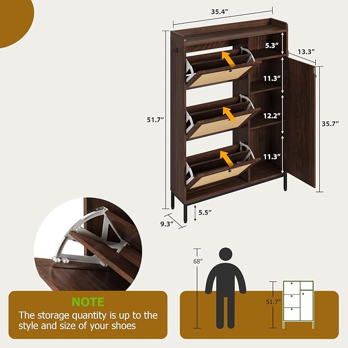GarveeHome Shoe Cabinet Rattan with 3 Flip Drawers and 4-Tier Shoe Storage Cabinet, Freestanding Shoe Organizer with Adjustable Shelves for Entryway, Closet, Hallway - Image 2