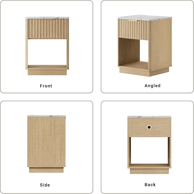 Fluted Nightstand, Night Stand Set 2, Nightstands Set of 2 with Charging Station and Faux Marble Top, Wooden End Table with Drawer, Modern Bedside Table for Bedroom Living Room, Natural Oak - Image 8