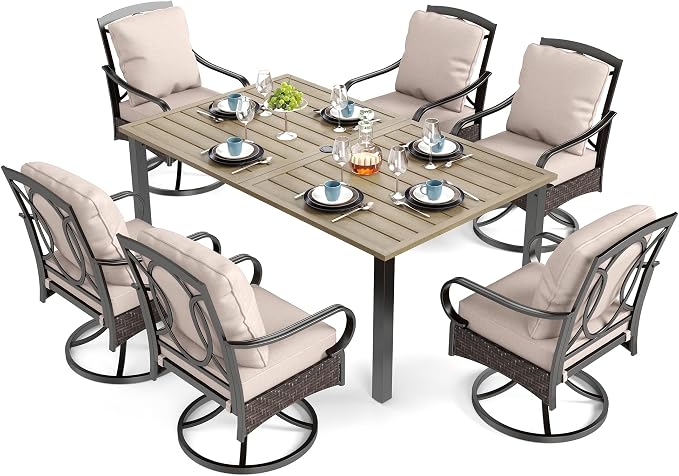 SUNSHINE VALLEY 7 Piece Patio Dining Sets for 6, Outdoor Table and Chairs with Cushioned Wicker Swivel Patio Chairs & Wood-Like Dining Table (1.61-2”Umbrella Hole), Outdoor Dining Sets for Backyard - Image 9