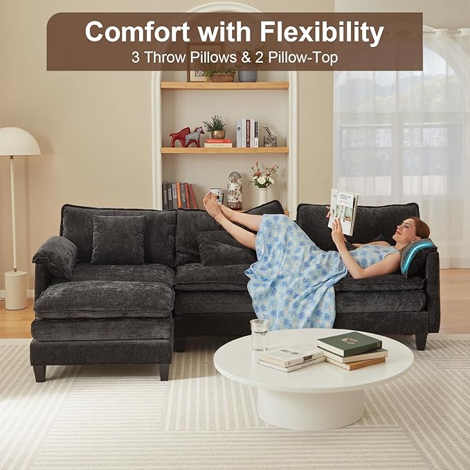 Modular Sectional Sofa, 108” Comfy Cloud Couch with Movable Ottoman | Charging Station | Side Pocket | Throw Pillow, Modern L-Shaped Couches for Living Room, Chenille, Classic Black