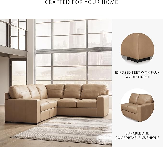 Signature Design by Ashley Bandon Modern Leather Match Right-Arm Facing 2-Piece Sectional with Removable Cushions and Armrest, Light Brown