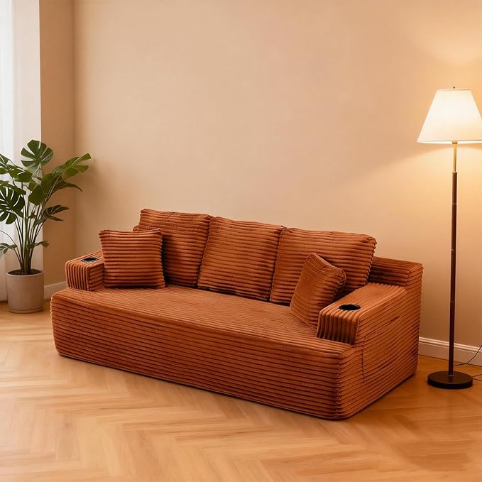 Eafurn Floor Loveseat Boneless Sofa Couch in a Box with Cup Holder and Side Pockets, 3 Seater Comfy Corduroy Upholstered Foam Couch with Deep Seating for Living Room,No Assembly | Breathable material, Cupholders