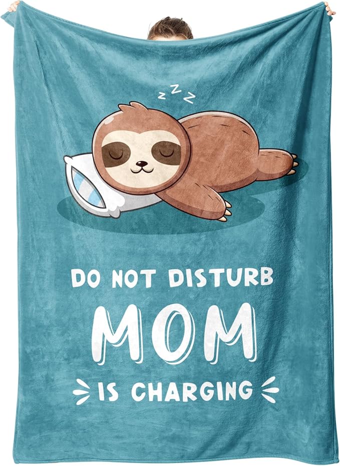 Funny Gifts for Mom Mothers Day, Mom is Charging Sloth Blanket, Birthday Gifts for Moms from Daguther Son, Moms Gift for Christmas, Soft Sloth Throws Blanket for Mother, Cyan, 60" x 50"
