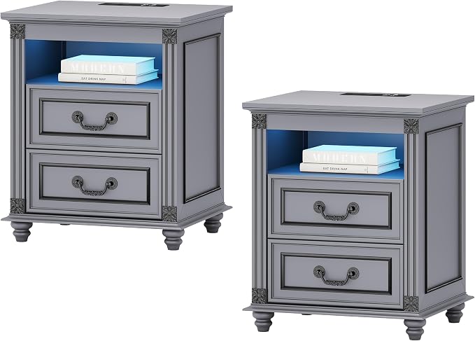 Nightstand Set of 2 with Charging Station, Night Stand with 3 Color LED Lights, Side Table with 2 Drawers Storage, Bedside EndTable with 4 Solid Wood Feet for Bedroom, Grey by SKKTKT