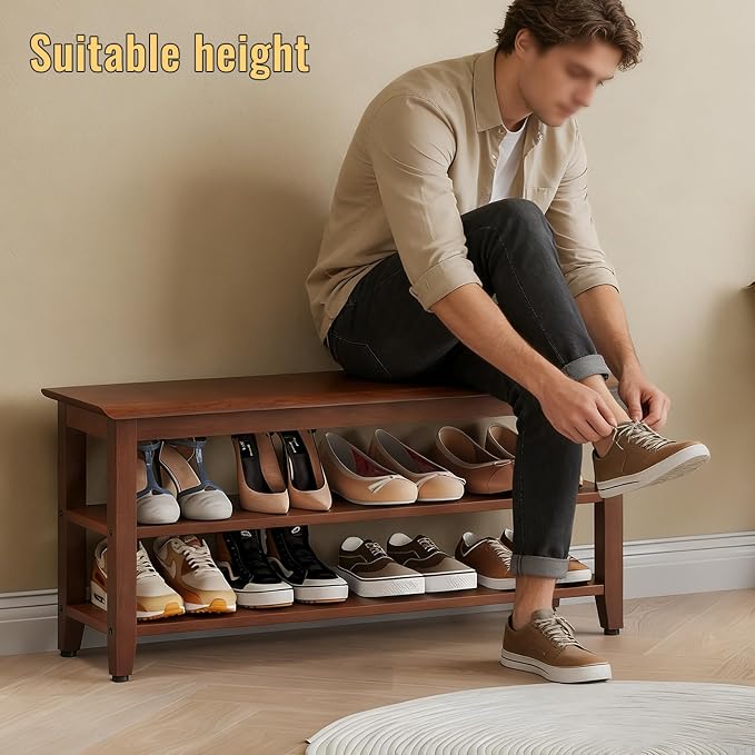 Wood Shoe Bench for Entryway,Bench with Shoe Rack,Storage Shoe Organizer for Hallway,Living Room,Bedroom (Brown, 39.37''W×11.81‘’D×17.71‘’H) - Image 9