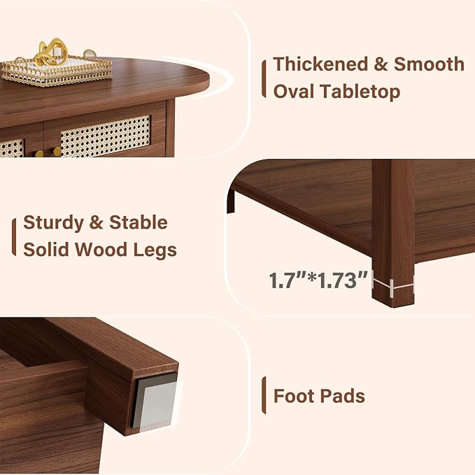 LVB Rattan Coffee Table, Boho Wood Living Room Table with Storage, Oval Modern 2-Tier Cocktail Tea Table with Doors & Open Shelf, Farmhouse Vintage Center Tables for Bedroom Office, Walnut, 47Inch