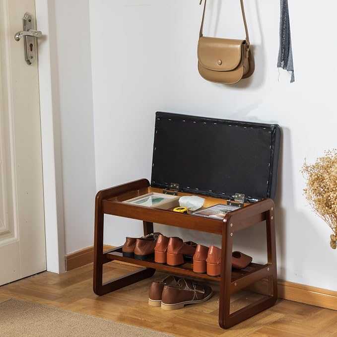 Solid Wood Shoe Bench, 2-Tier Entryway Bench with Cushion and Flip-Open Storage Box, Mid-Century Modern Shoe Bench Rack for Hallway, Mudroom(Black, 21.65'') by SOBIBO