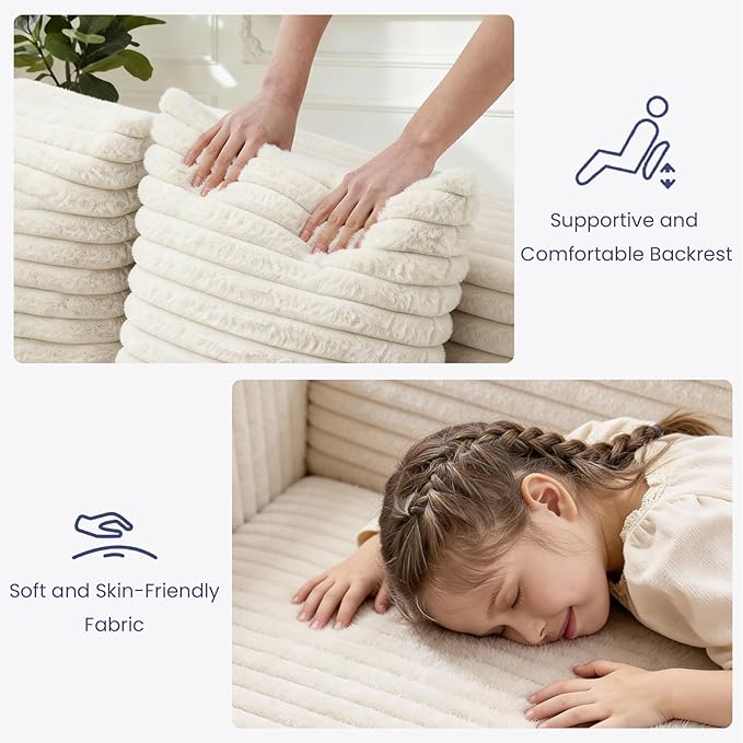 3-in-1 Convertible Sofa Bed: Boneless Loveseat Sleeper & Folding Couch Bed with 4 Pillows & Detachable Cushion,Furry Futon Couch for Bedroom,Apartment,Office and Living Room, No Assembly,Beige