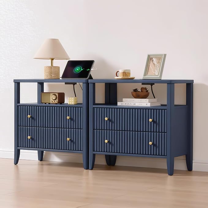 Fluted Nightstand with Charging Station Set of 2, 27.3" Tall Modern Bedside Table with 2 Drawers & Open Shelf, Large Wide Wood End Table with Storage & Metal Handle for Bedroom, Blue by Fatmok