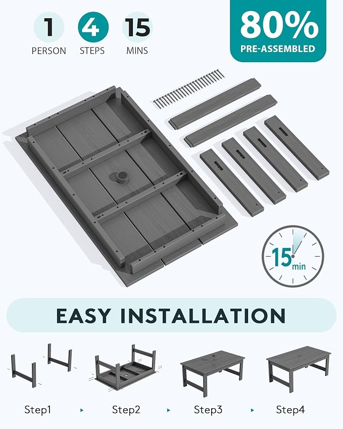 SERWALL HDPE Patio Coffee Table, Rectangle Outdoor Coffee Table, All-Weather Coffee Side Table for Balcony, Poolside, Deck, Garden, Gray - Image 5