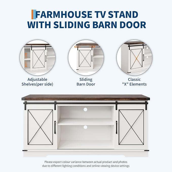 IDEALHOUSE Farmhouse TV Stand and Entertainment Center for Tv up to 65 inches with Sliding Barn Doors, Tv Media Console Table with Storage Cabinet for Living Room, White & Brown - Image 5