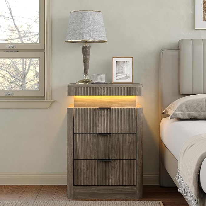 Yanosaku Night Stand Set of 2 with Charging Station, 3-Drawer Fluted LED Bedside Tables with Sliding Top & USB Outlets, Modern End Tables for Small Bedroom Living Room, Light Brown - Image 9