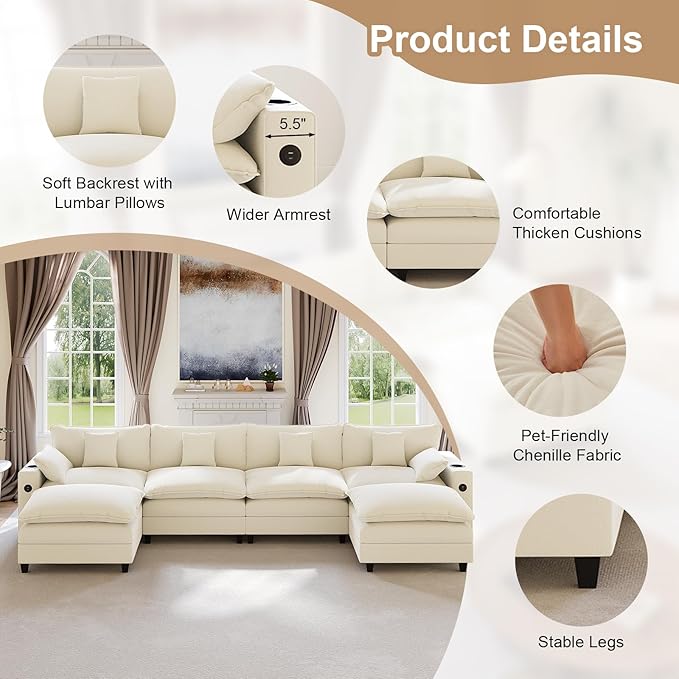 152" Modular Sectional Sofa, U Shaped Cloud Couch with Movable Ottoman, Chenille Deep Seat Cloud Sofa with Charging Station, Cup Holder, Side Pocket, Sectional Couches for Living Room, Beige