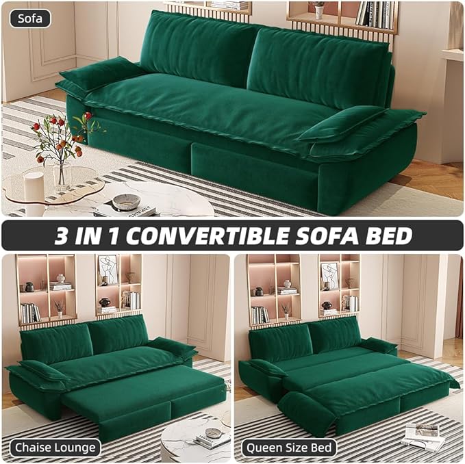 3-in-1 Convertible Sofa Bed Queen Size Pull Out Sleeper Sofa with Heavy Duty Metal Frame, Luxurious Velvet Upholstered Loveseat with 2 Pillows, Modern Folding Guest Bed for Living Room, Apartment