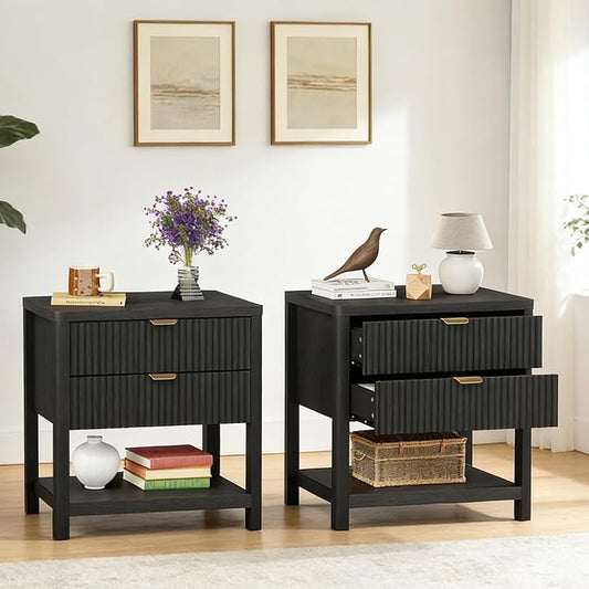 ROCSUMOO Fluted Nightstand Set of 2, Wooden Night Stand with 2 Drawer, Modern Nightstands with Storage Shelf, Night Stands for Bedroom (Black) by ROCSUMOO