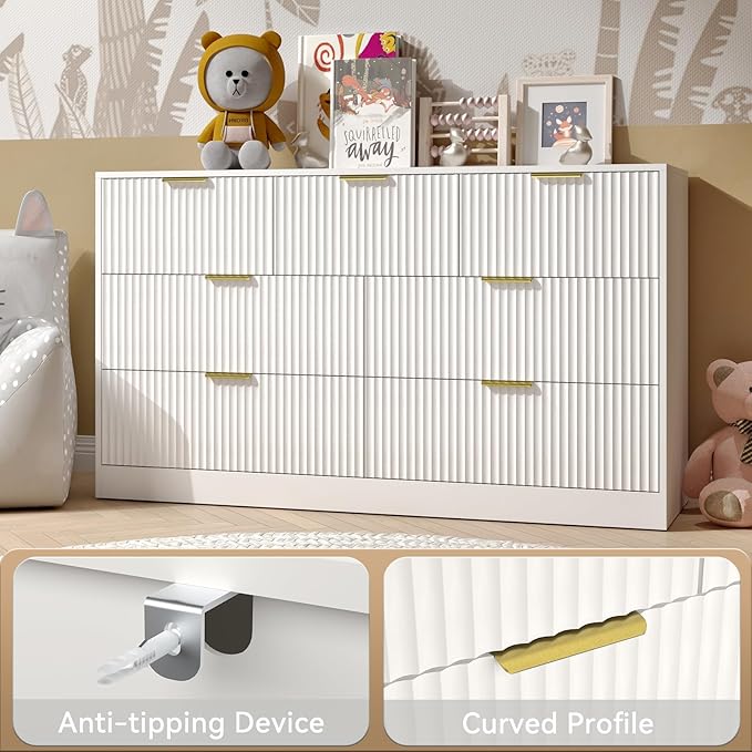 White Dresser Set of 2, Long Dresser for Bedroom Wooden with 14 Drawers, Fluted Modern Bedroom Furniture Set, TV Stand Dressers & Chests of Drawers for Closet (15.7"D x 110.2"W x 31.8"H)