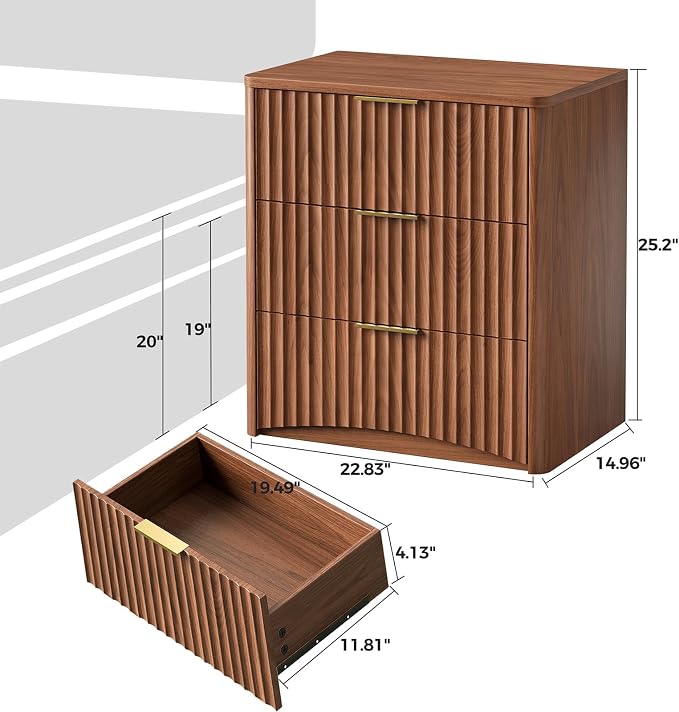Evermagin Fluted Nightstand Set of 2, Walnut Bedside Table with 3 Drawers, Wood End Table with Storage Mid Century Modern, Large Night Stand for Bedroom - Image 2