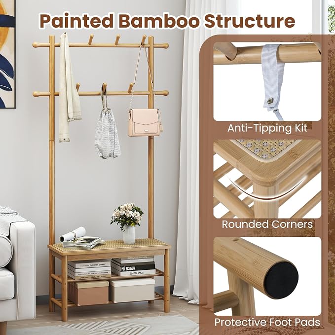 Giantex 3-in-1 Hall Tree with Bench and Shoe Storage, Bamboo Coat Rack Freestanding w/PE Rattan Bench, 11 Hanging Rods, 3 Tier Shoe Rack, Narrow Mudroom Storage Organizer for Entryway Bedroom,Natural - Image 9