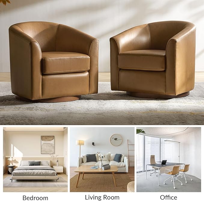 HULALA HOME Genuine Leather Swivel Accent Chairs Set of 2 with Solid Wood Base, Round Swivel Barrel Chairs for Living Room and Bedroom, Camel