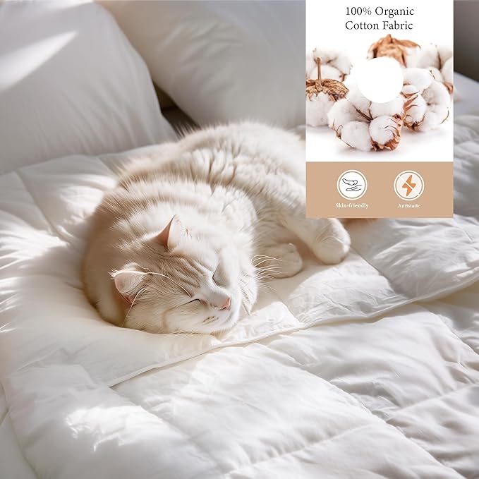 SANSWAN Queen Size Winter Goose Down Feather Comforter, Breathable Heavyweight Hotel Duvet Insert, 100% Organic Cotton Cover, Ultra Soft & Warm, 90x90 Inch, White