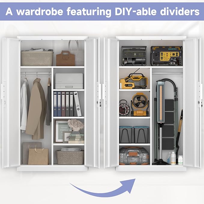 IRONFFICE Metal Wardrobe Closet,Lockable Clothing Storage Cabinet with Adjustable Shelves,Armoire Wardrobe Closet,Steel Wardrobe Armoire for Bedroom,Home,White