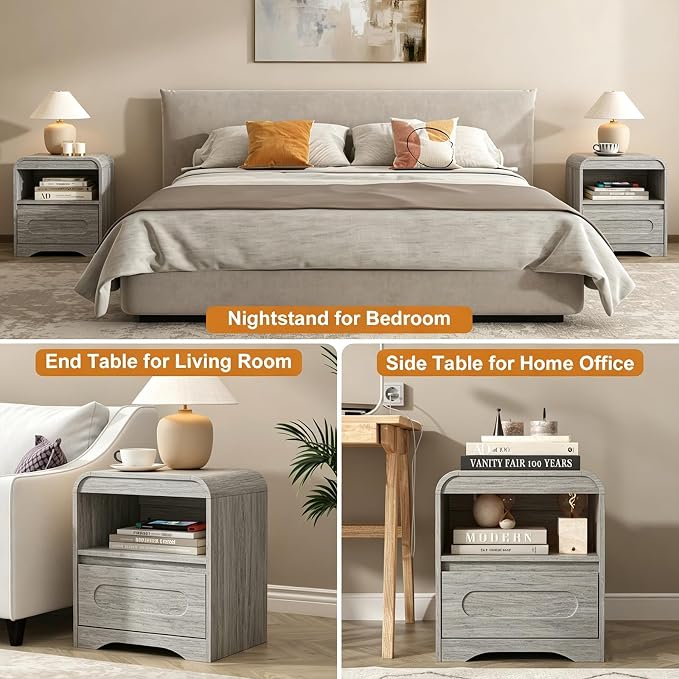 Night Stand with Drawers, Wood Nightstand, Bedside Side Table with Open Storage, Curved Corners, Hidden Handle, Modern Night Stands End Table for Bedroom Sofa Couch Office (Grey) - Image 7