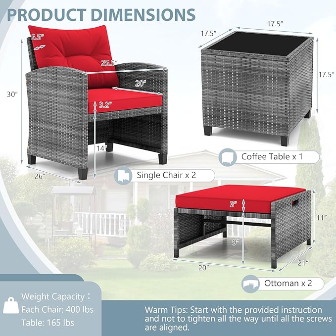 ORALNER 5 Pieces Patio Furniture Set with Ottoman, Wicker Conversation Set w/Cushions, Glass Coffee Table, Outdoor Lounger Rattan Chairs Bistro Set for Porch Balcony Garden Deck Poolside (Red)