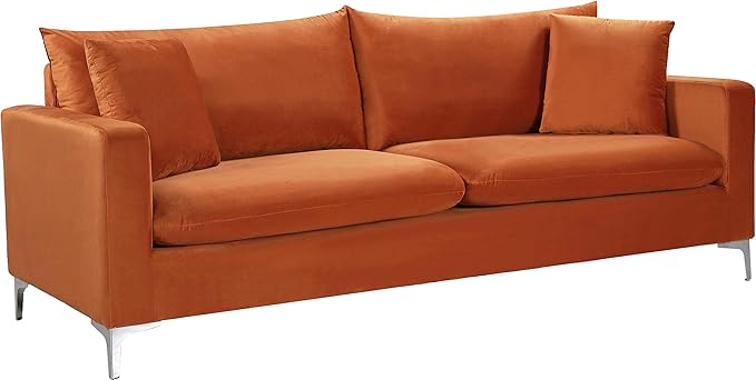 Meridian Furniture 633Cognac-S Naomi Collection Modern | Contemporary Velvet Upholstered Sofa with Deep Channel Tufting and Rich Gold Stainless Steel Legs, Cognac, 81.5" W x 33.5" D x 30" H