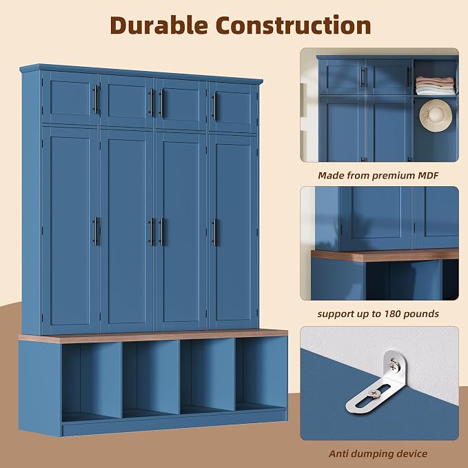Hall Tree with Bench and Shoe Storage Compartments for Entryway, Particle Board Multi-Functional Cabinet with 4 Hanging Hooks, Blue - Image 3