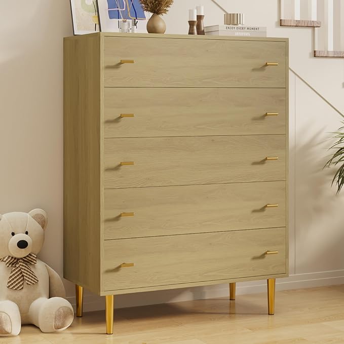 Farmhouse 5 Drawers Dresser for Bedroom, 44 in Tall Natural Dresser Wood Rustic Chest of Drawers with Large Drawers & Bar Handles,Natural Texture,Drawer Organizer for Living Room,Hallway and Entryway by GarveeHome