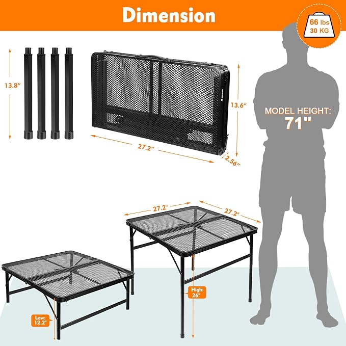 Square Folding Card Table with Adjustable Height (12" & 26"), Black Portable Metal Mesh Table for Camping, BBQ, Picnic, Game, Patio & Indoor Use, Fits 2–4 People, Lightweight 7.6 lb, Supports 66 lb - Image 3