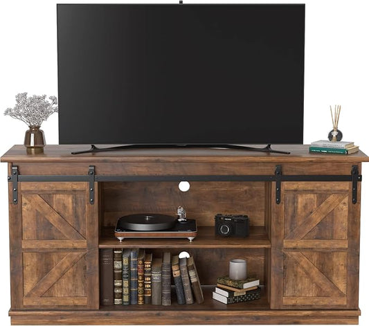 JUMMICO TV Stand for 65 Inch TV, Entertainment Center with Storage Cabinets and Sliding Barn Doors, Mid Century Modern Media TV Console Table for Living Room Bedroom (Rustic Oak) by JUMMICO