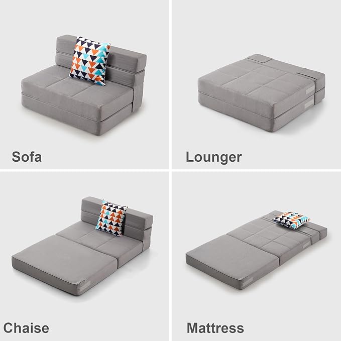 ARTPLAN Fold Sofa Bed-Sleeper Single with Pillow, Modern Futon Sleeper Chair Guest Bed with Washable Linen Cover, Foldable Mattress for Living Room, Dorm, Apartment,Light Gray