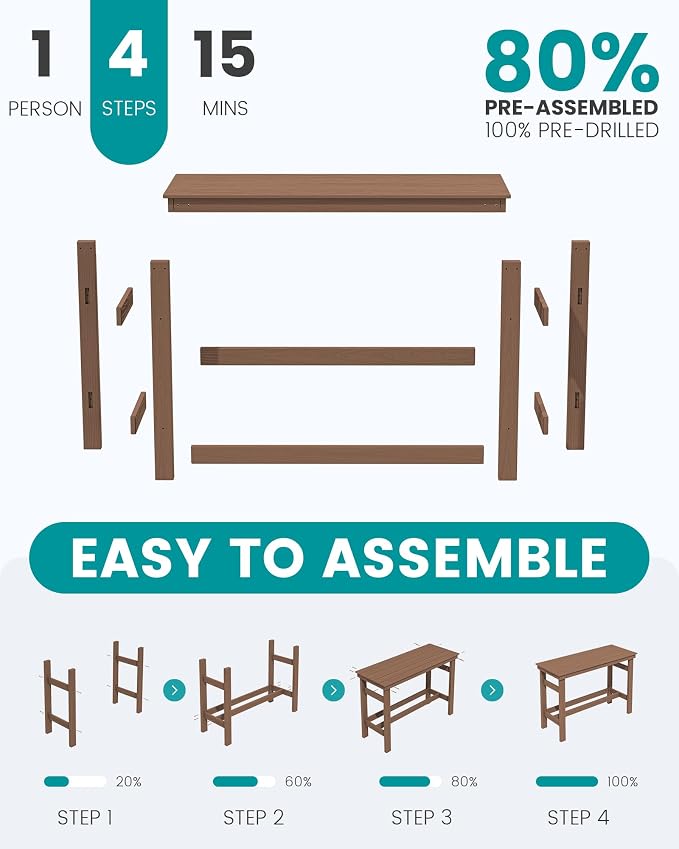 SERWALL 41" Outdoor Bar Table, All Weather HDPE Patio Bar Counter Height Table, Rectangle Patio Bar Table for Outside, Garden, Backyard, Balcony, Poolside, Brown - Image 7