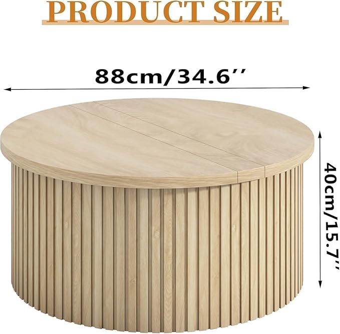 Fluted Lift Top Coffee Table with Hidden Storage, 31.6 Inch Round Coffee Tables for Living Room, Circle Wood Center Tables for Home (Wood Color)