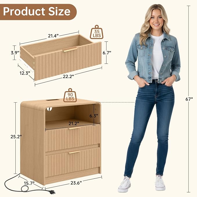 Fluted Nightstand, Bedside Table with Charging Station, Wooden End Table with 2 Drawers Storage and 1 Open Shelf, Modern Night Stand for Bedroom, Wood Dresser for Natural Oak - Image 2