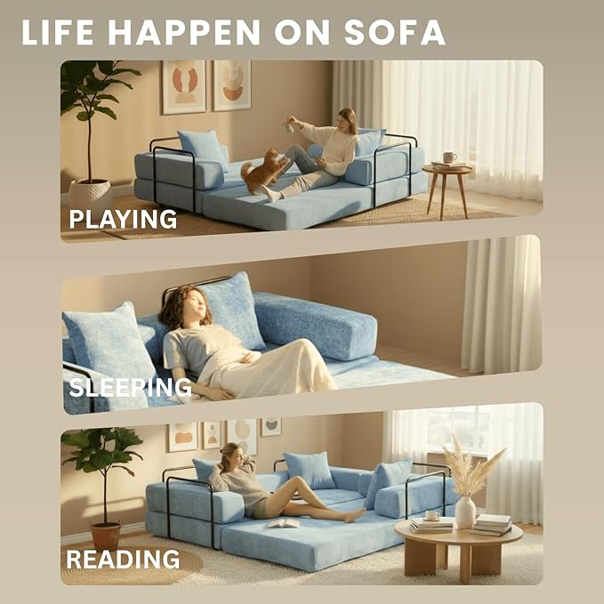 4-in-1 Folding Convertible Sofa Bed, 77" Floor Couch with Pillow - Chenille Fabric & High-Density Sponge & Fixed-Shape Frame, Modular Sofa for Living Room/Lounge/Studio, Blue