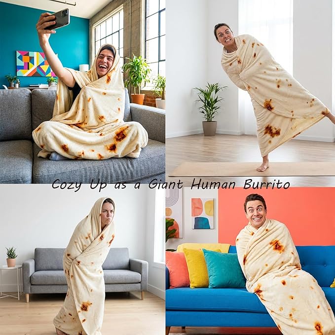 LetsFunny Burrito Tortilla Throw Blanket, Giant Funny Realistic Food Blanket, 71in 2.0 Double Sided Taco Tortilla Wrap Blanket, Funny for Adults Teens Boys, Soft Flannel Round Throw