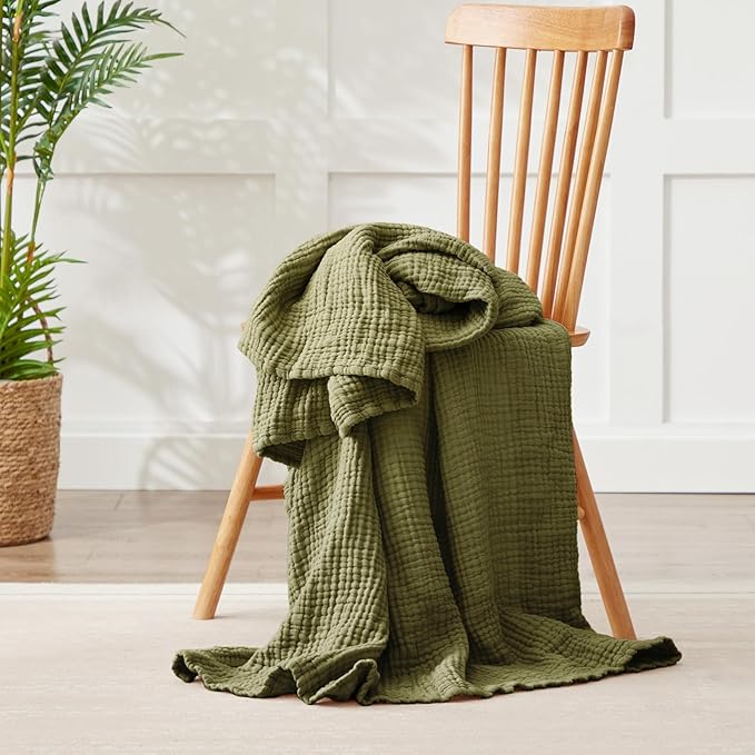 100% Cotton Muslin Blanket Twin 60" x 80", Breathable and Lightweight Cotton Twin Blankets for Couch, Soft Cooling Summer Gauze Blanket for Adults All Season, Olive Green