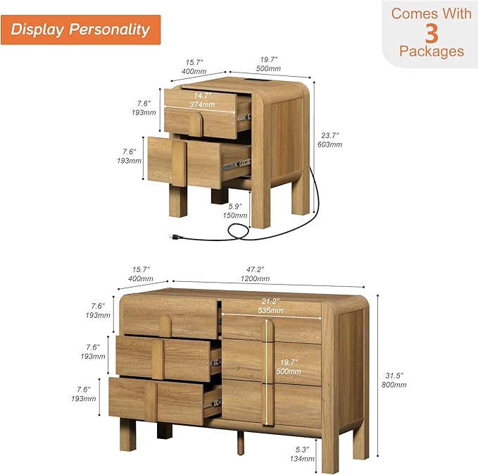 WAMPAT Dresser and Nightstand Sets, 47.2" W Mid Century Modern Chest of Drawers, Wood 6 Drawer Dresser & Nightstand with Charging Station, Curved Profile Design (Light Walnut, 3 PCS)