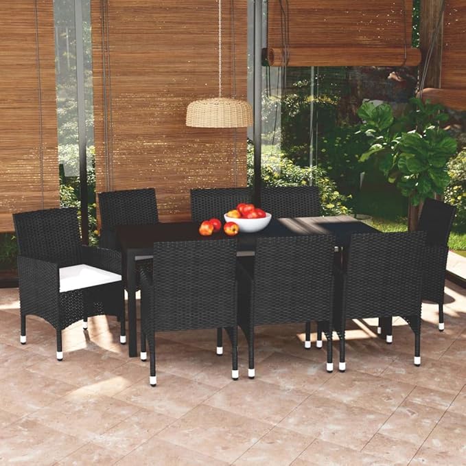 9 Piece Patio Dining Set with Cushions, Outdoor Sofa Sets Sectional Sofa Front Porch Furniture Patio Conversation Set for Exhibition Garden Piazza Poolside Poly Rattan Black