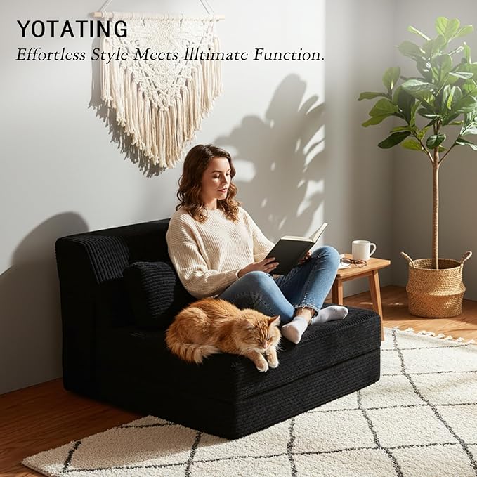 Folding Sofa Bed with Pillow, Convertible Sleeper Chair, Comfy Floor Futon Couch Mattress Lounge Sofa for Adults Portable Fold Out Chair Bed for Living Room Bedroom, Single, Black
