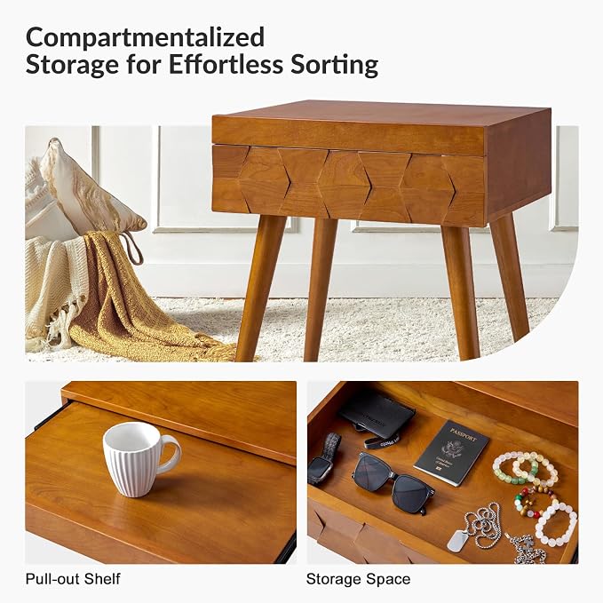 HULALA Home End Table with Charging Station, Side Table with Drawer and Pull-Out Shelf, Nightstand Bedside Table with USB Ports and Outlets, Acorn - Image 3