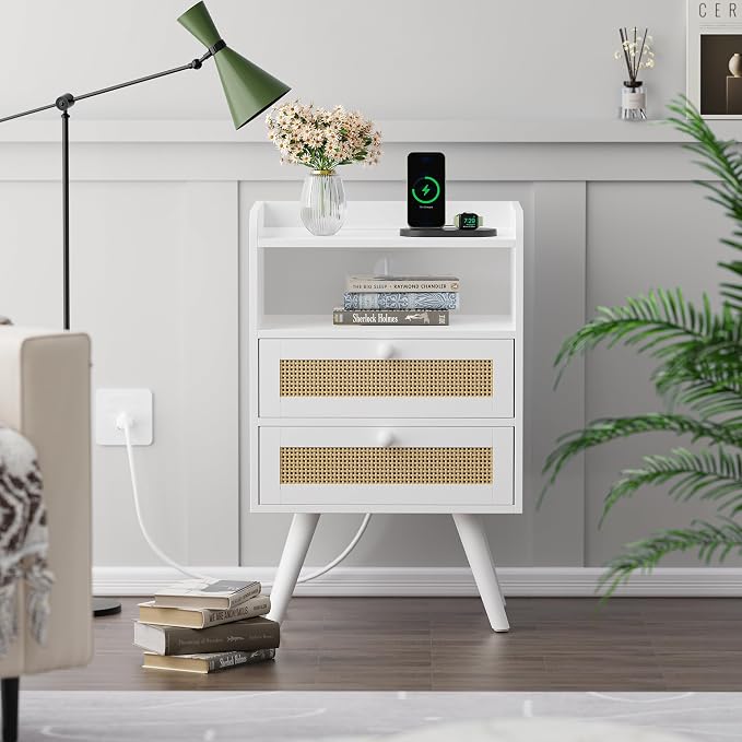 SUPERJARE 2 Drawer Night Stand with Charger Station, Boho Rattan Nightstand Set of 2, 25.2 Inch Tall Bed Side Table with Solid Wood Feet, End Table, Open Storage, Synthetic Rattan, for Dorm, White - Image 2